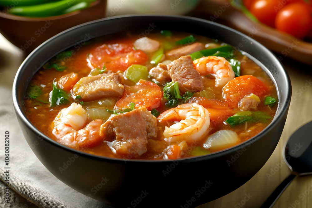 Hearty shrimp and vegetable stew served in a rustic bowl on a wooden table Hearty shrimp and vegetable stew served in a rustic bowl on a wooden table