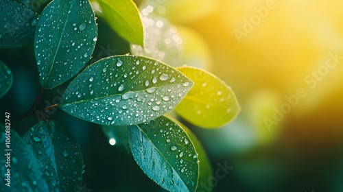 Nature's Embrace: Dewdrops glistening on vibrant green leaves, bathed in warm sunlight. A serene botanical scene.