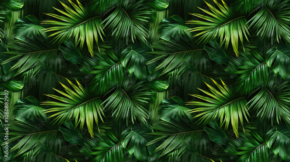 Tropical palm leaves creating a vibrant seamless pattern for textile design and home decor Tropical palm leaves creating a vibrant seamless pattern for textile design and home decor