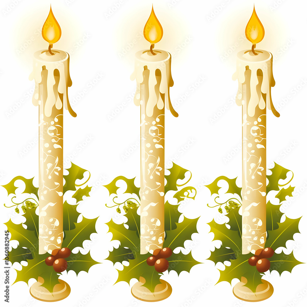 Three festive candles with dripping wax and holly decorations. Three festive candles with dripping wax and holly decorations.