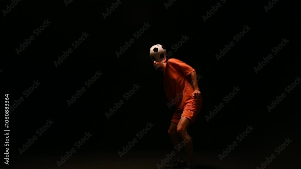 Football freestyle of a guy in an orange uniform on a black background . A football player fills a ball on a black background. A young man juggles a ball. Football freestyle of a guy in an orange uniform on a black background . A football player fills a ball on a black background. A young man juggles a ball.