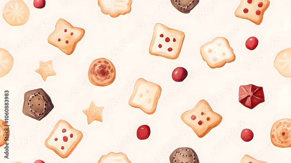 Delightful Watercolor Christmas Cookies: A Festive Pattern of Sweet Treats and Cranberries. Delightful Watercolor Christmas Cookies: A Festive Pattern of Sweet Treats and Cranberries.