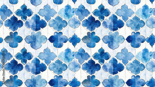 Seamless Moroccan pattern featuring square vintage tiles with blue and white watercolor designs ideal for textile prints