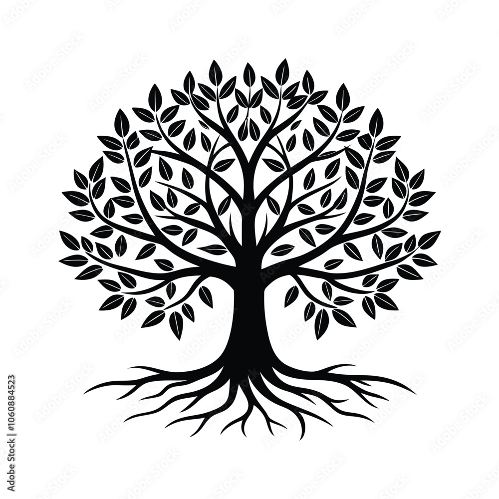 Fototapeta premium Black and White Leafless Tree Silhouette - Minimalist Vector Illustration for Rustic Decor, Botanical Art & Nature Design