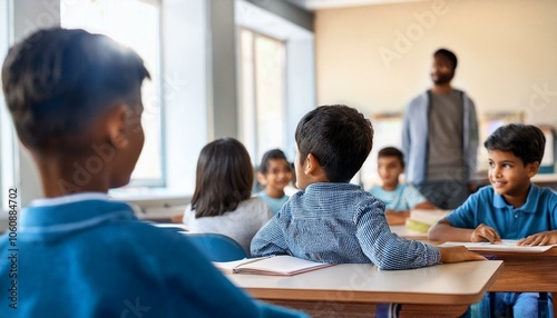Asian boy seated in school, AI generated