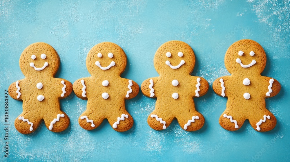 Four Smiling Gingerbread Men Cookies on a Blue Background Four Smiling Gingerbread Men Cookies on a Blue Background