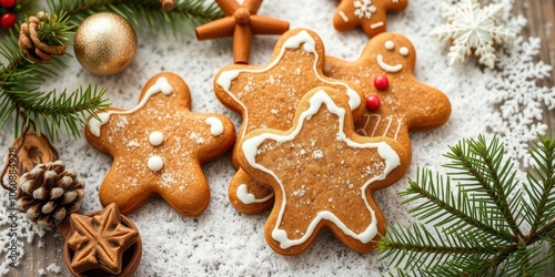 Close up of freshly baked Christmas gingerbread cookies on a cooling rack surrounded by festive decorations, traditional, cinnamon, celebration