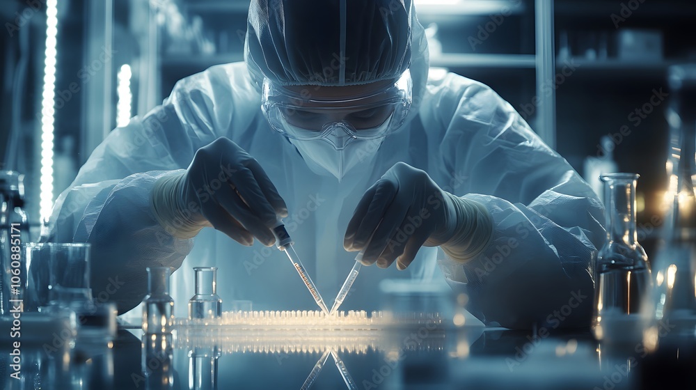 Focused scientist in sterile lab, meticulously pipetting samples into test tubes. A critical moment in scientific research unfolds. Focused scientist in sterile lab, meticulously pipetting samples into test tubes. A critical moment in scientific research unfolds.
