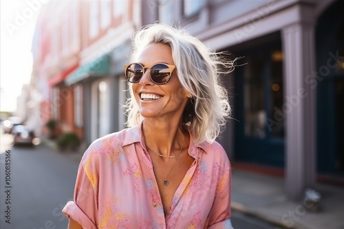 Portrait of beautiful young woman in sunglasses smiling on city street.