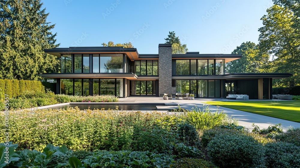 Obraz premium A contemporary luxury home set against a backdrop of a summer garden, with pristine landscaping and sunlight enhancing the natural beauty