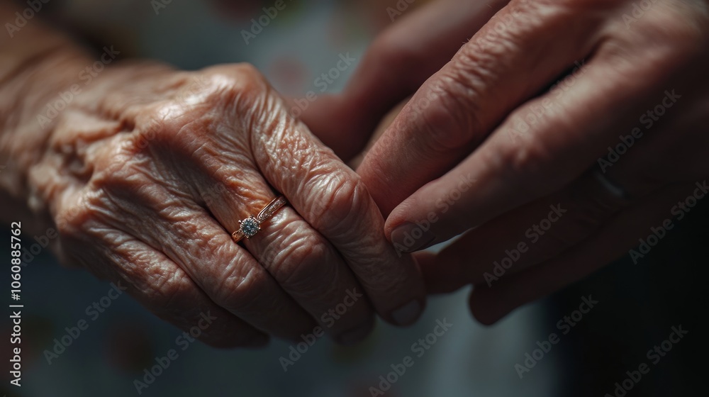 Fototapeta premium Close-up of an elderly woman's hand with a diamond ring on her finger, held by a younger hand. The image captures the passage of time and the enduring power of love.