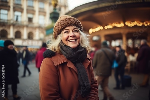 Portrait of happy senior woman at Christmas market in Berlin, Germany