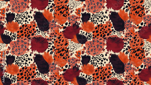 Seamless pattern featuring tiger and leopard fur with terracotta and burgundy hues ideal for textile design and fashion prints photo