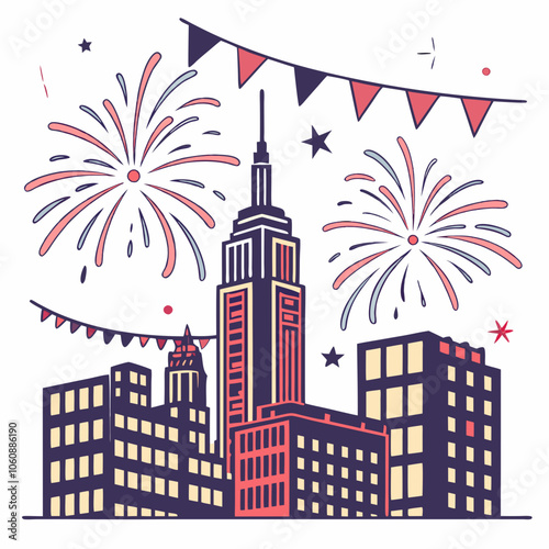 An urban skyline lit up for new years eve vector illustration