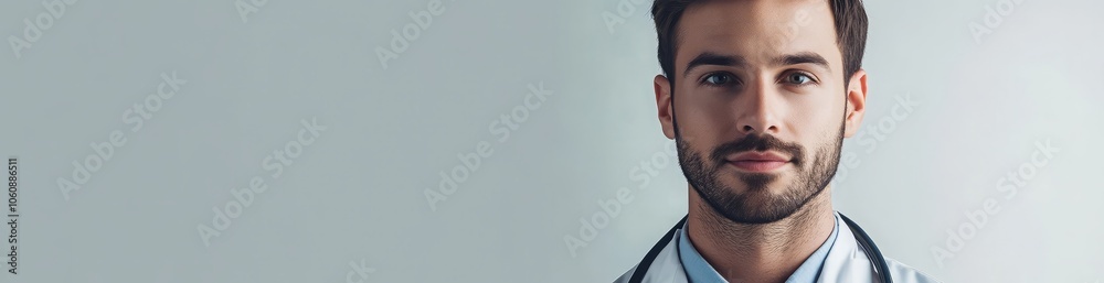 Obraz premium A young caucasian man in a white coat with a stethoscope looks intently at the camera with a calm expression, against a light gray background.
