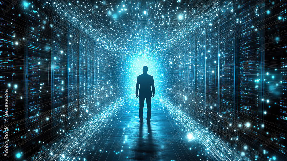 Silhouette in a Digital Data Corridor Silhouette in a Digital Data Corridor