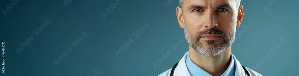 Portrait of a serious-looking male doctor in a white lab coat with a stethoscope against a blue background. Portrait of a serious-looking male doctor in a white lab coat with a stethoscope against a blue background.