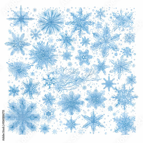 A collection of various blue snowflakes on a white background, creating a winter-themed design.