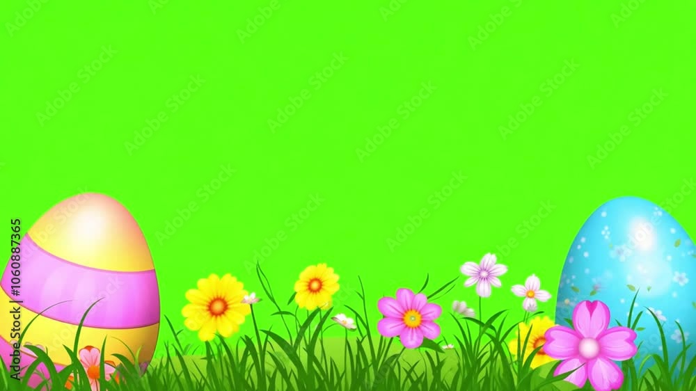 Easter eggs in fresh green grass on green screen. Happy Easter Animated Greeting Card Frame Template. Bunnies, decorated and painted eggs. Flat style design in creative pastel colors. on Green screen Easter eggs in fresh green grass on green screen. Happy Easter Animated Greeting Card Frame Template. Bunnies, decorated and painted eggs. Flat style design in creative pastel colors. on Green screen