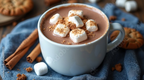 A warm cup of rich hot chocolate topped with fluffy marshmallows, surrounded by cinnamon sticks and crumbled brown sugar for a perfect cozy treat.