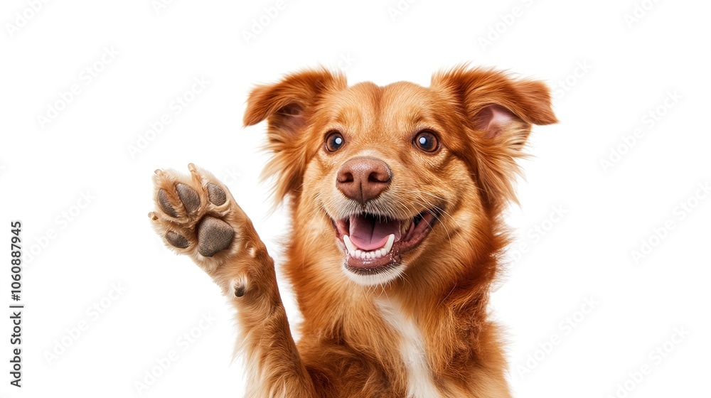A cheerful dog giving a high five with its front paw, standing on a white surface, with a big smile and bright eyes, providing ample copy space around the subject A cheerful dog giving a high five with its front paw, standing on a white surface, with a big smile and bright eyes, providing ample copy space around the subject