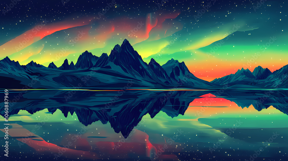 Fototapeta premium Aurora borealis in the sky. Aurora Borealis Reflection. Illustration