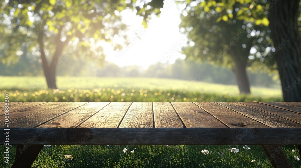 A charming wooden display table set in a tranquil farm environment, with sunlight filtering through the trees and casting soft shadows on the grass A charming wooden display table set in a tranquil farm environment, with sunlight filtering through the trees and casting soft shadows on the grass