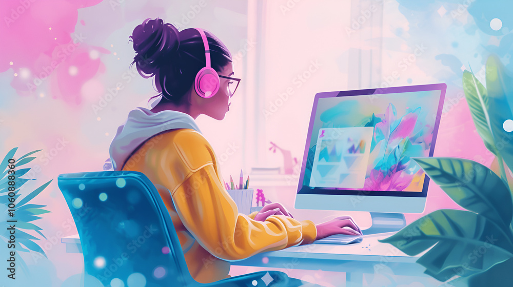 Schoolgirl Teenage girl studying at the computer in a colorful modern website application on the screen. Back view. School Online education. Copy space. Modern illustration. Schoolgirl Teenage girl studying at the computer in a colorful modern website application on the screen. Back view. School Online education. Copy space. Modern illustration.