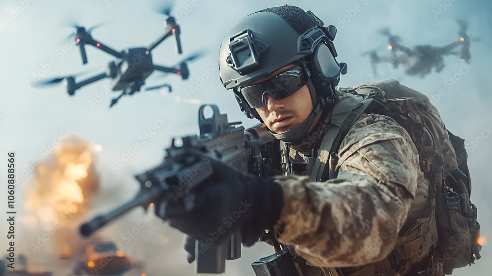 Modern warfare. A soldier in full gear aims a machine gun against the backdrop of a battlefield with a drone, explosions, smoke and military equipment. Modern warfare. A soldier in full gear aims a machine gun against the backdrop of a battlefield with a drone, explosions, smoke and military equipment.