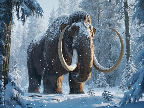 A portrait of a mammoth in his natural habitat, a northern forest during the ice age