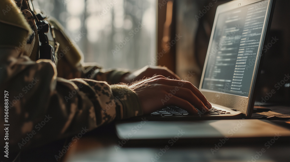 Close-up of a military man's hand in camouflage working on a laptop, with code on the screen. concept of cybersecurity and data analysis in combat conditions Close-up of a military man's hand in camouflage working on a laptop, with code on the screen. concept of cybersecurity and data analysis in combat conditions