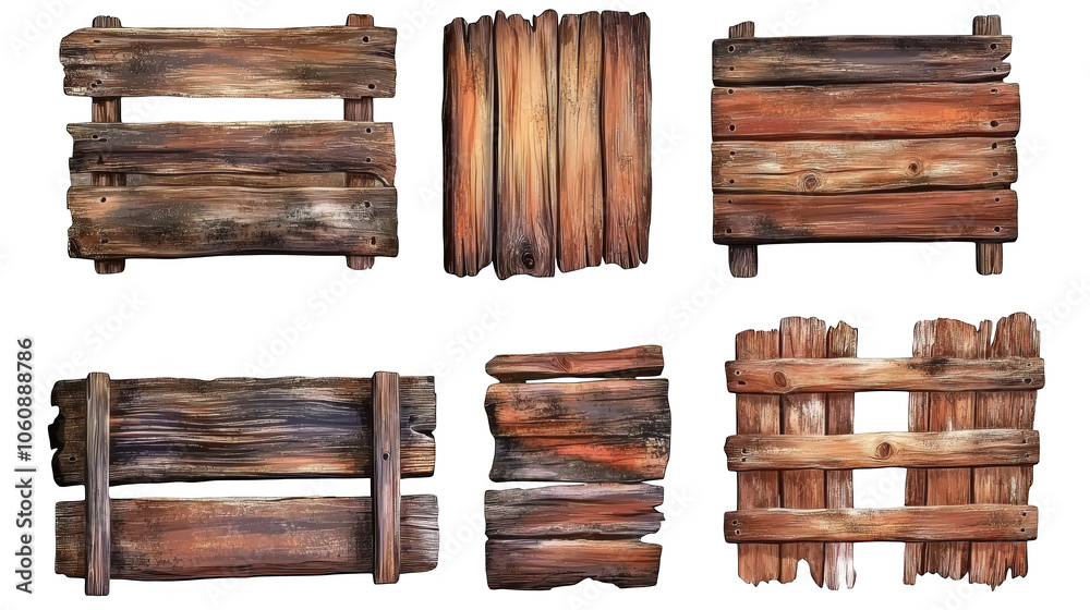 Set of four blank rustic wooden signs on black background, ideal for vintage or rustic themed designs and text customization