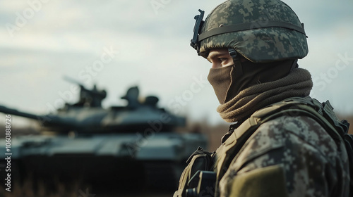  Military soldier infantryman in a mask and tactical equipment and a helmet holds a rifle stands against the background of a tank in a field. armored vehicles and infantry. copy space photo