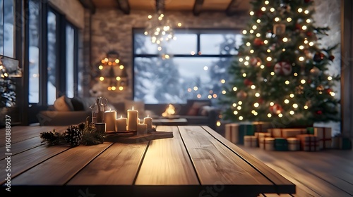 Cozy wooden table with Christmas tree and decorations in a festive indoor setting