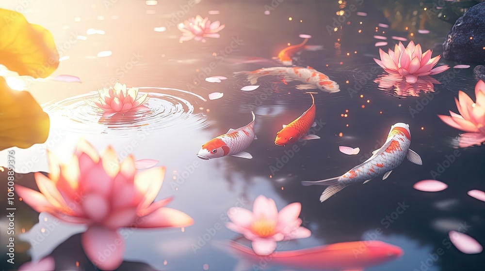 Tranquil Koi Fish in Serene Water Garden Tranquil Koi Fish in Serene Water Garden