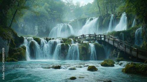 Turquoise Waterfall Surrounded by Lush Greenery