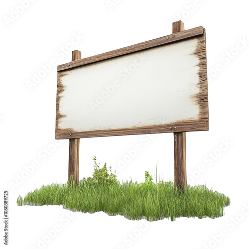 Blank wooden signboard on grass field isolated on white background empty billboard mockup template wood texture signage banner announcement information and advertisement copy space photo