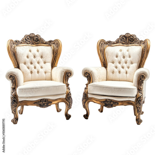 Two Luxury armchair furniture vintage gold plated upholstery white fabric isolated on white background interior design classic style antique old wood retro antique chair ancient