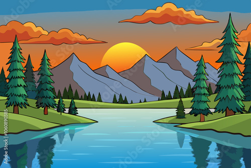 Cartoon sunset over a tranquil lake, tall pine trees reflecting on the water, and a mountain range in the background