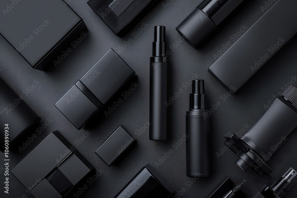 Elegant black cosmetic containers arranged in a flat lay, showcasing luxury beauty products in minimalistic design. Elegant black cosmetic containers arranged in a flat lay, showcasing luxury beauty products in minimalistic design.