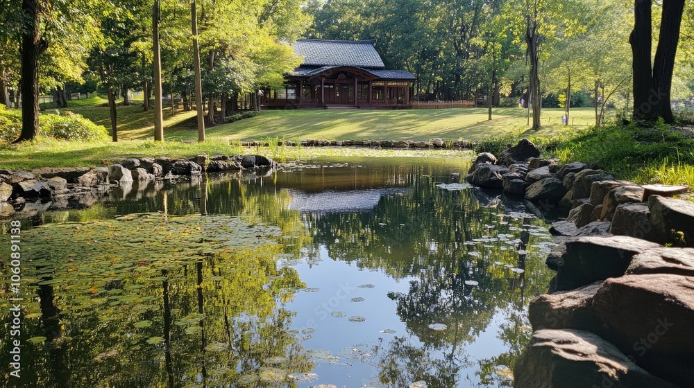 Naklejka premium Serene Pond Surrounded by Lush Greenery