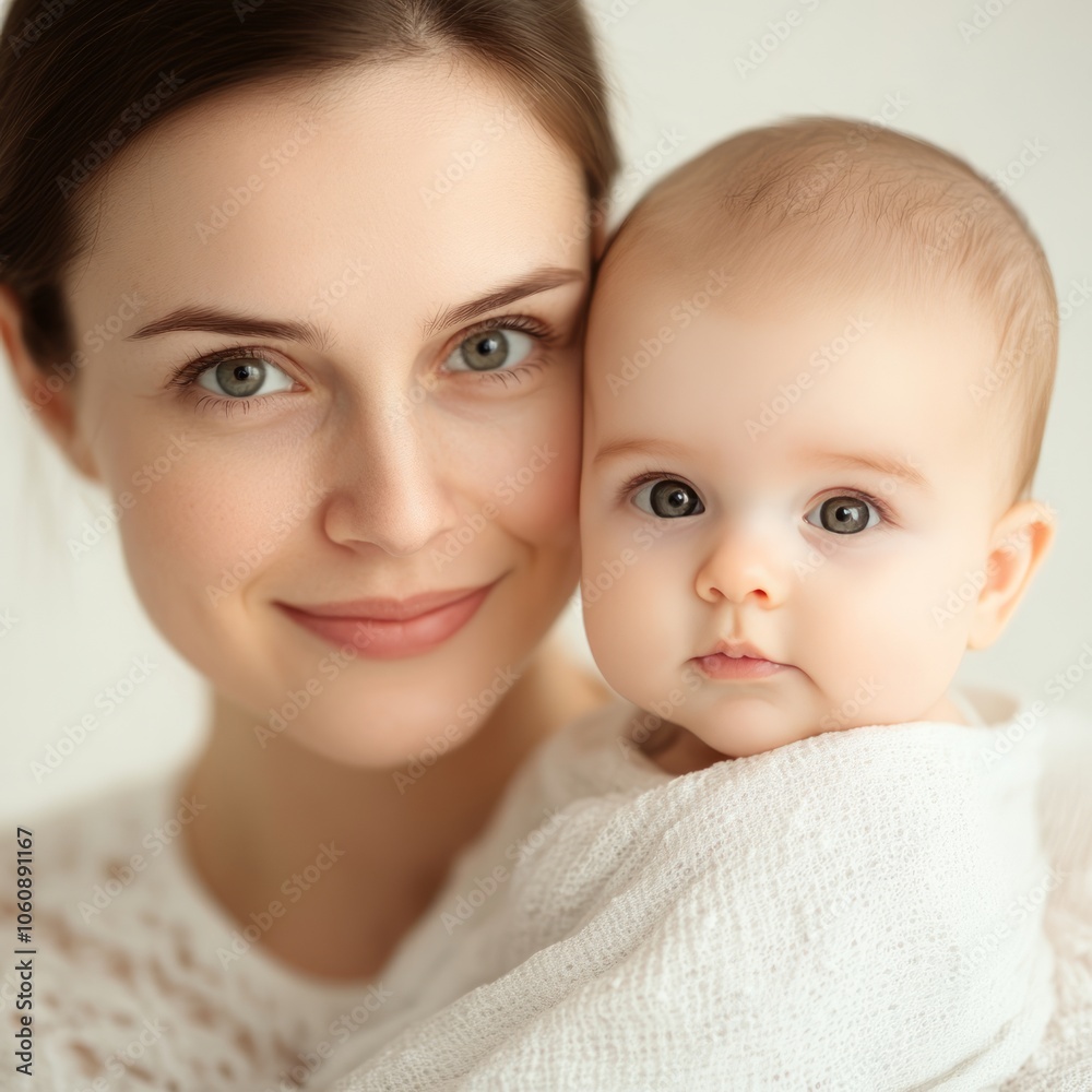 A young mother lovingly looks at her baby girl, both smiling. A young mother lovingly looks at her baby girl, both smiling.