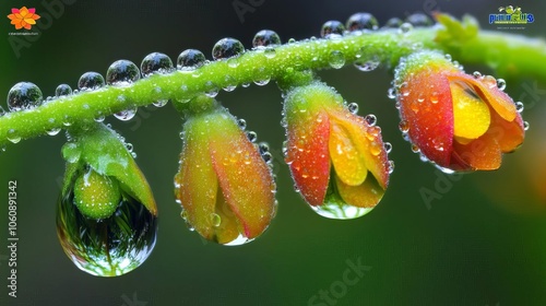 Isolated dewdrops with plant detail, closeup macro, organic textures, soft lighting, vibrant color contrast photo