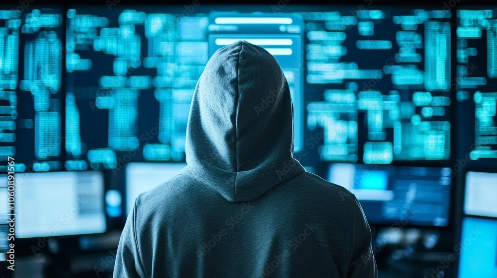Hacker in hoodie with secure login screen, Cybercrime, Encryption, Dark Web Hacker in hoodie with secure login screen, Cybercrime, Encryption, Dark Web