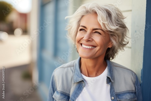 Closeup portrait of a beautiful middle aged woman smiling and looking away