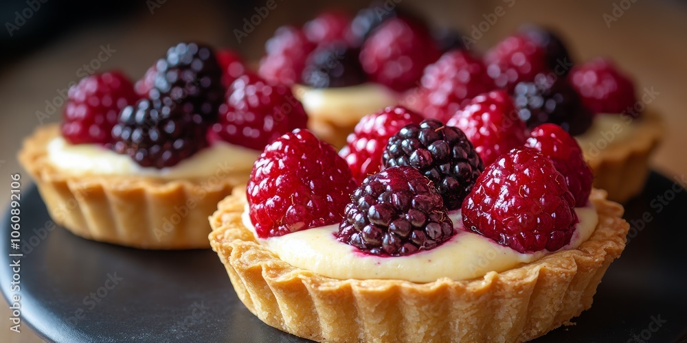 Tartlets with white butter cream and berries close-up. Sweets, pastries, confectionery, dessert Tartlets with white butter cream and berries close-up. Sweets, pastries, confectionery, dessert
