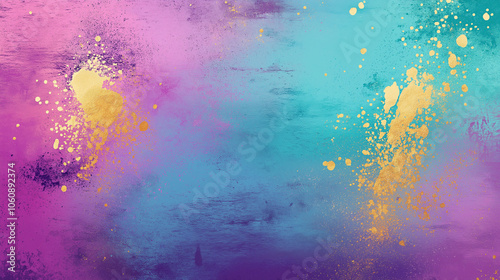 Vibrant Abstract Background with Turquoise, Purple, and Gold Splashes in a Smooth Gradient Blend, Featuring Sharp Details and Realistic Lighting for Texture Enhancement