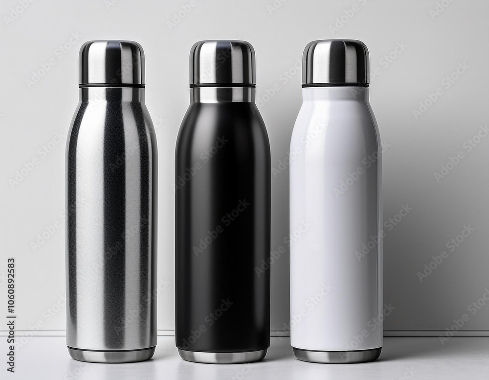 Thermos bottle made of aluminum against a white background. A three-dimensional rendering prototype of your logo design Thermos bottle made of aluminum against a white background. A three-dimensional rendering prototype of your logo design