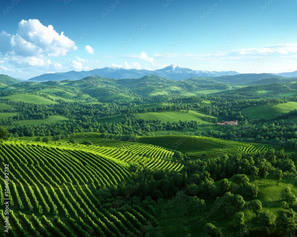 Stunning aerial view of lush green hills and vineyards under a clear blue sky. Stunning aerial view of lush green hills and vineyards under a clear blue sky.