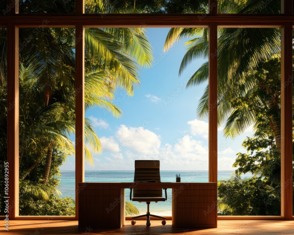 Fototapeta premium Home office with a stunning view of palm trees and ocean.